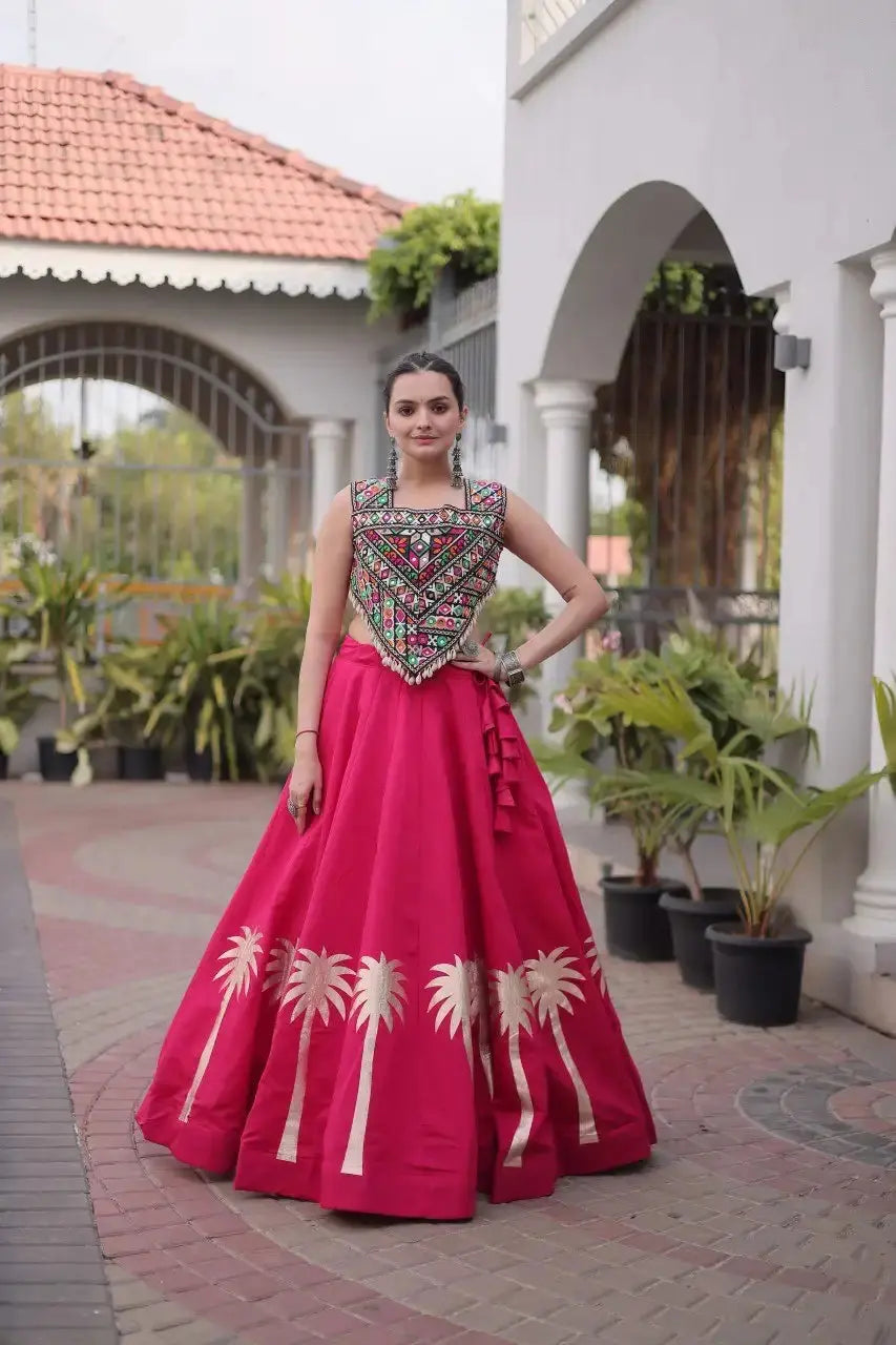 Dark Pink Gamthi Embroidered Lehenga – Side view showing 6-meter circular flair and embroidered choli detail