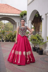 Dark Pink Gamthi Embroidered Lehenga – Side view showing 6-meter circular flair and embroidered choli detail