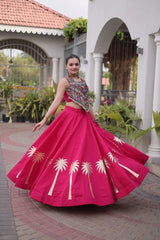Dark Pink Gamthi Embroidered Lehenga – Skirt detail showing copper palm print at hem border