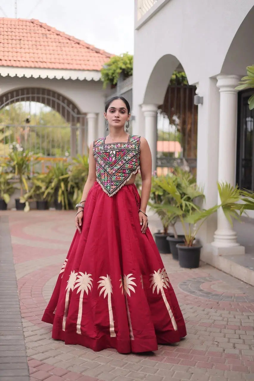Maroon Gamthi Embroidered Lehenga – Back view showing Open with Dori Tie-Up choli back