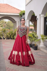 Maroon Gamthi Embroidered Lehenga – Choli close-up showing multicolour Gamthi embroidery with Gota trim and kodi shell fringe