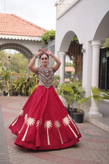 Maroon Gamthi Embroidered Lehenga – Canvas stitch circular lehenga, 42-inch length, 1.05 kg