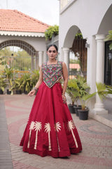 Maroon Gamthi Embroidered Lehenga – Side view showing 6-meter circular flair and embroidered choli detail