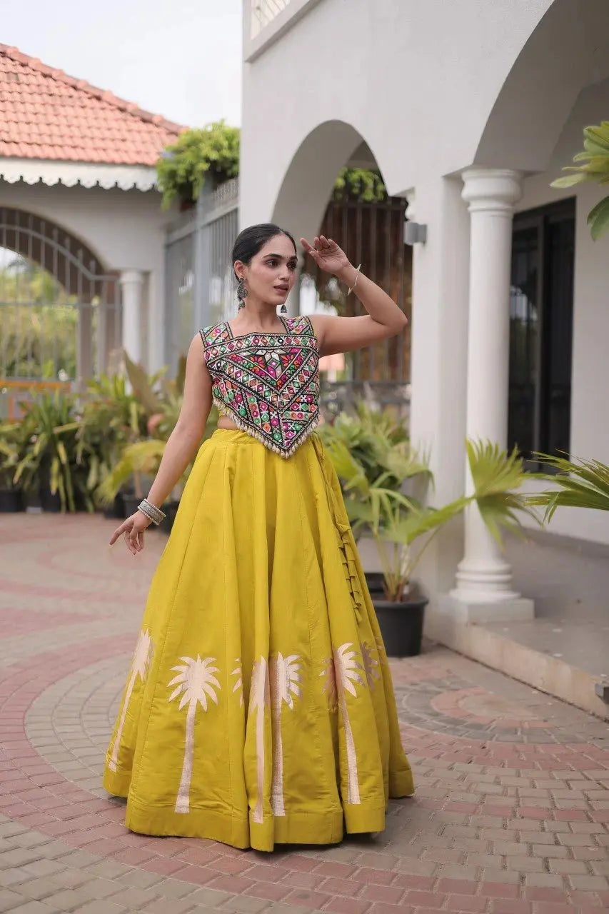 Mustard Yellow Gamthi Embroidered Lehenga – Back view showing Open with Dori Tie-Up choli back