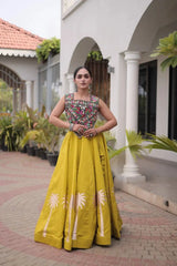 Mustard Yellow Gamthi Embroidered Lehenga – Choli close-up showing multicolour Gamthi embroidery with Gota trim and kodi shell fringe