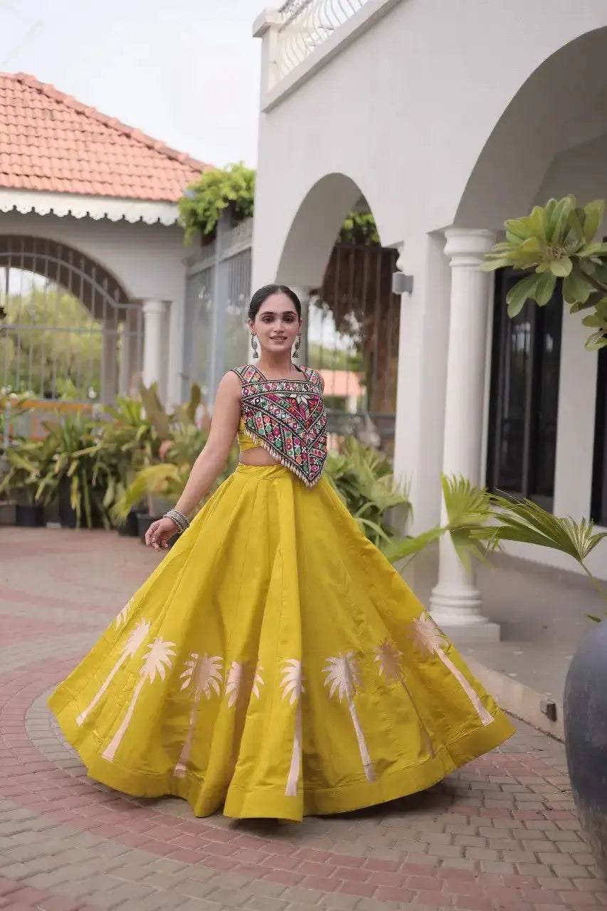 Mustard Yellow Gamthi Embroidered Lehenga – Flat lay of complete lehenga and choli set, KL148
