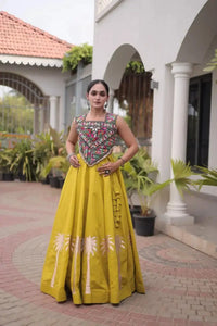 Mustard Yellow Gamthi Embroidered Lehenga – Gota & Lace Work, Navratri & Festive Wear