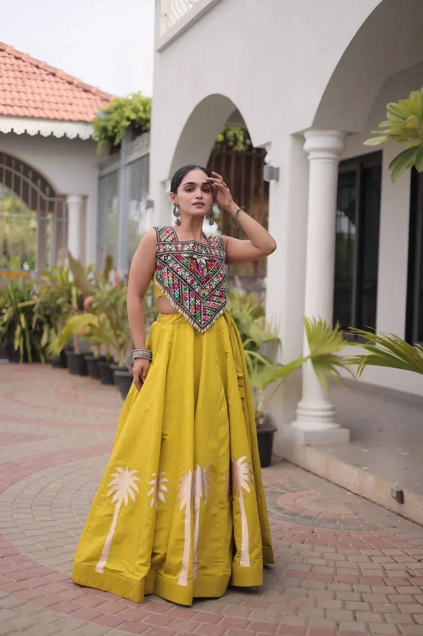 Mustard Yellow Gamthi Embroidered Lehenga – Full-length model view, ideal for haldi and Navratri