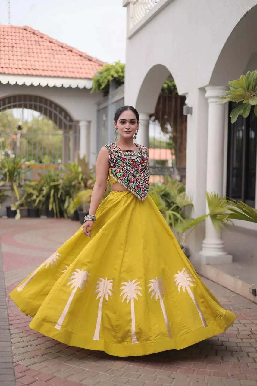 Mustard Yellow Gamthi Embroidered Lehenga – Canvas stitch circular lehenga, 42-inch length, 1.05 kg