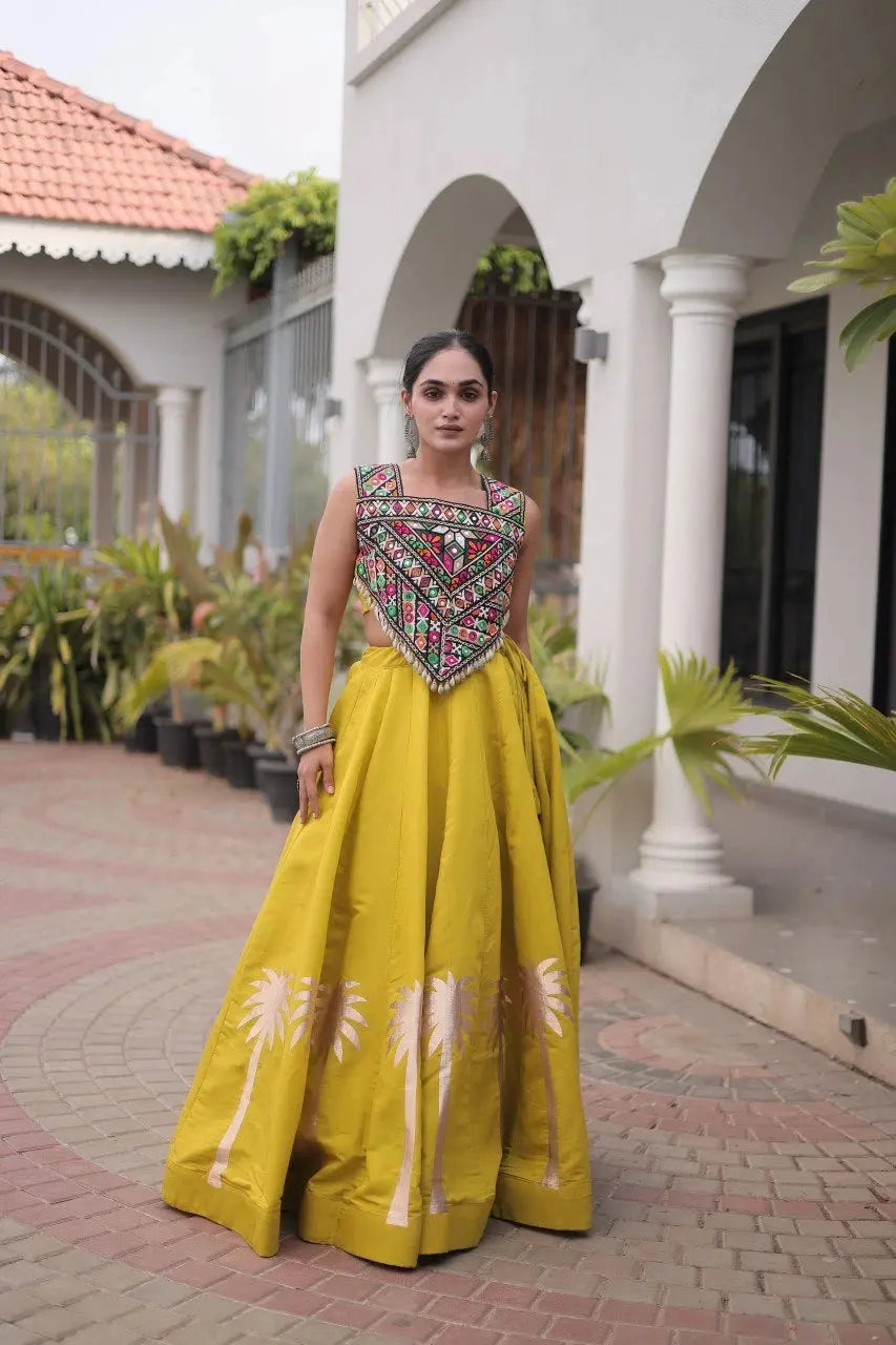 Mustard Yellow Gamthi Embroidered Lehenga – Festive wear lehenga perfect for sangeet and pre-wedding functions
