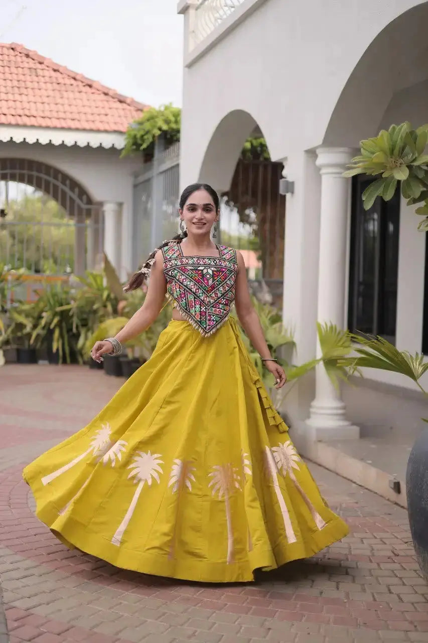 Mustard Yellow Gamthi Embroidered Lehenga – Roman fabric lehenga with traditional Gujarati folk embroidery