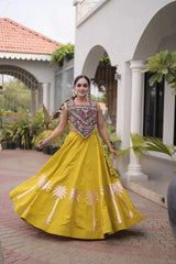 Mustard Yellow Gamthi Embroidered Lehenga – Roman fabric lehenga with traditional Gujarati folk embroidery