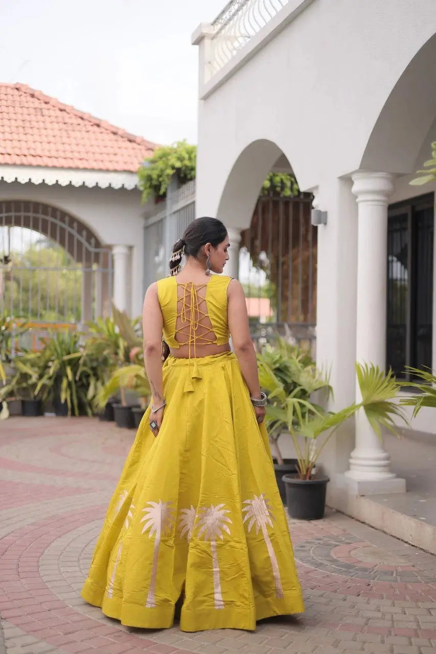 Mustard Yellow Gamthi Embroidered Lehenga – Full set view showing lehenga and embroidered choli, product KL148