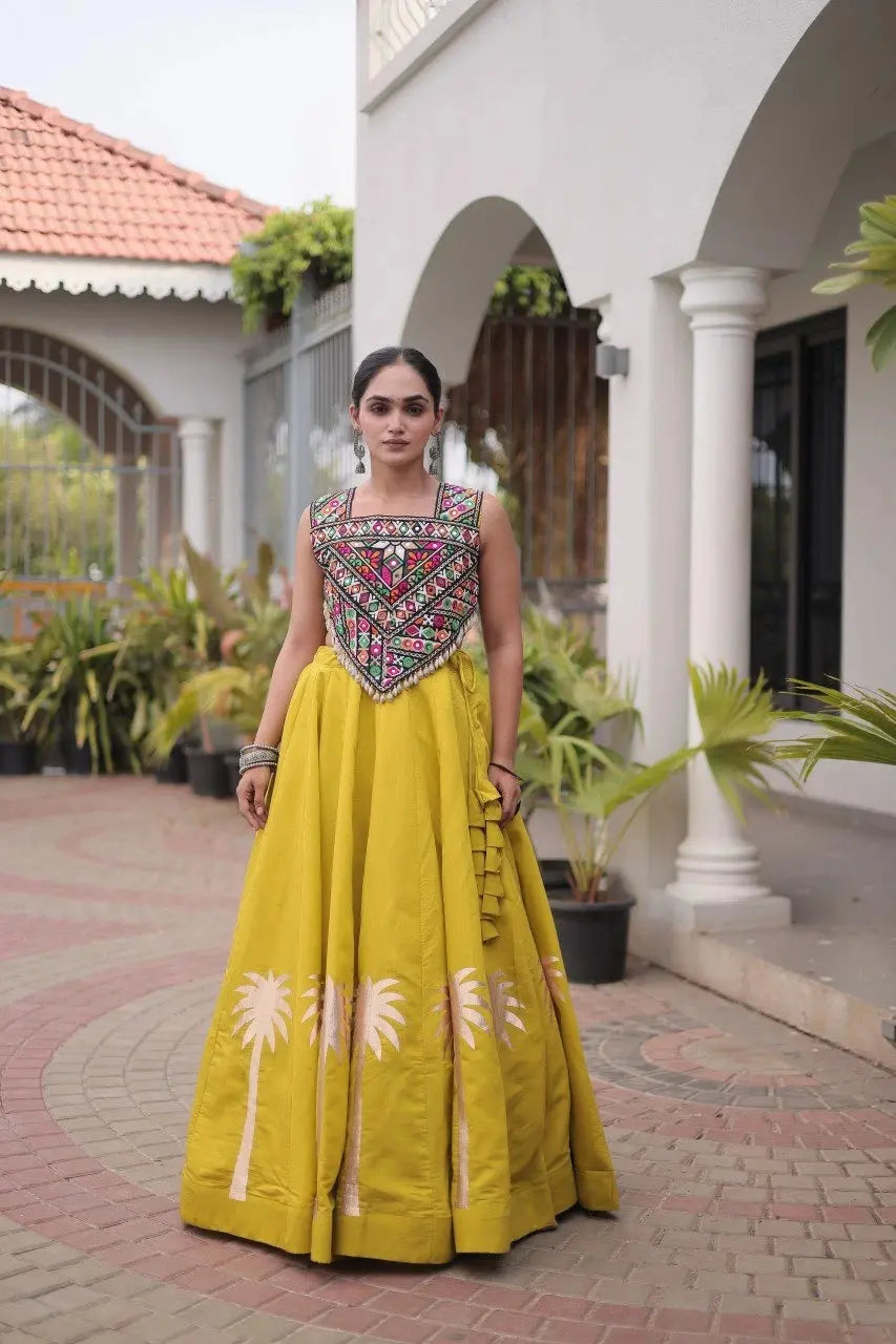 Mustard Yellow Gamthi Embroidered Lehenga – Side view showing 6-meter circular flair and embroidered choli