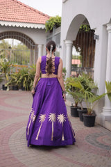 Purple Gamthi Embroidered Lehenga – Choli close-up showing Gamthi embroidery with Gota trim and kodi shell fringe