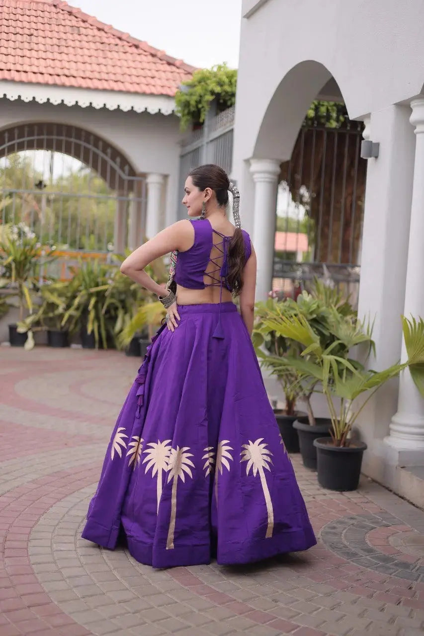 Purple Gamthi Embroidered Lehenga – Model shot showing folk choli with multicolour Gamthi embroidery