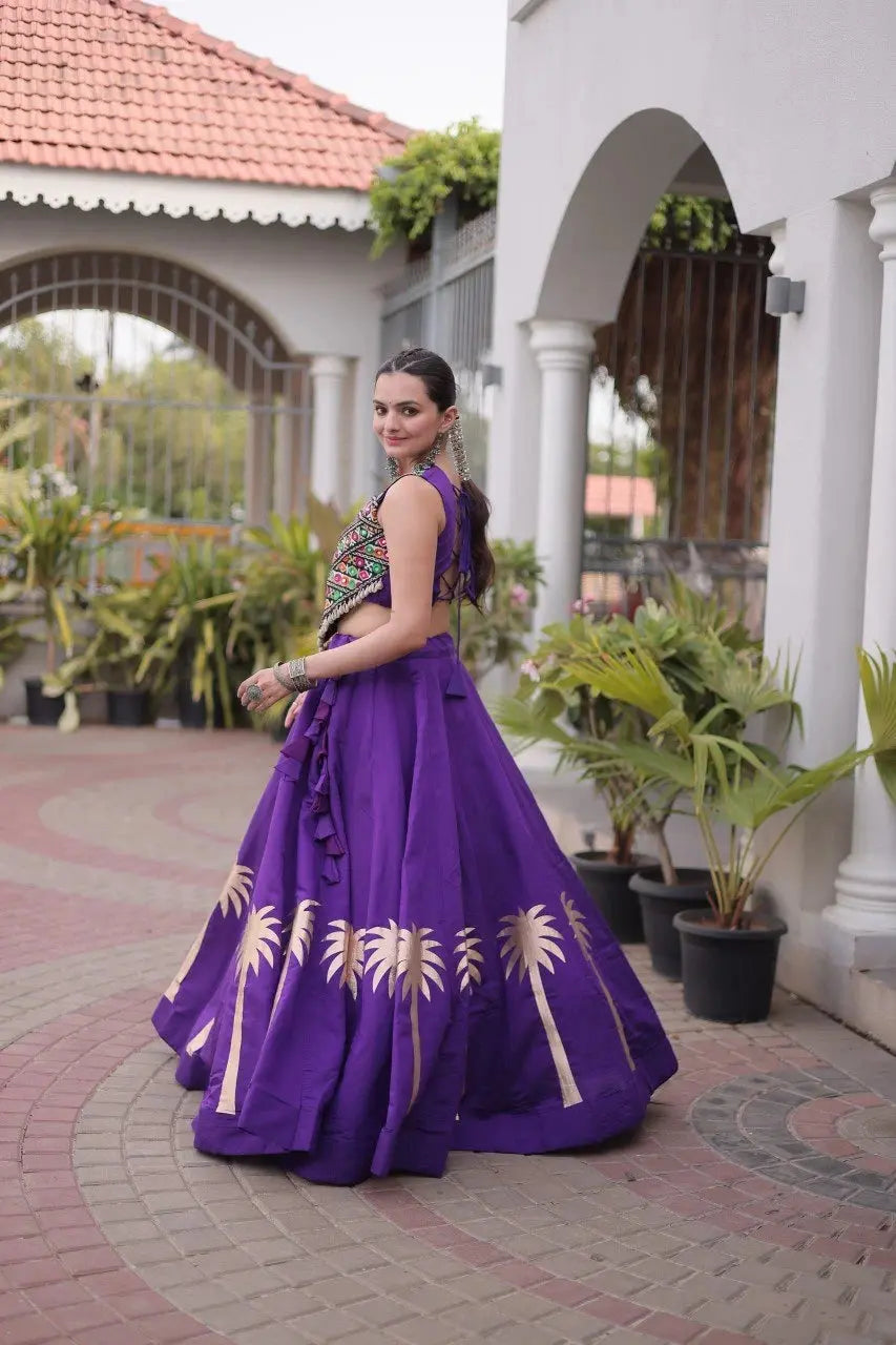 Purple Gamthi Embroidered Lehenga – Model wearing Gamthi work lehenga, perfect for garba and sangeet