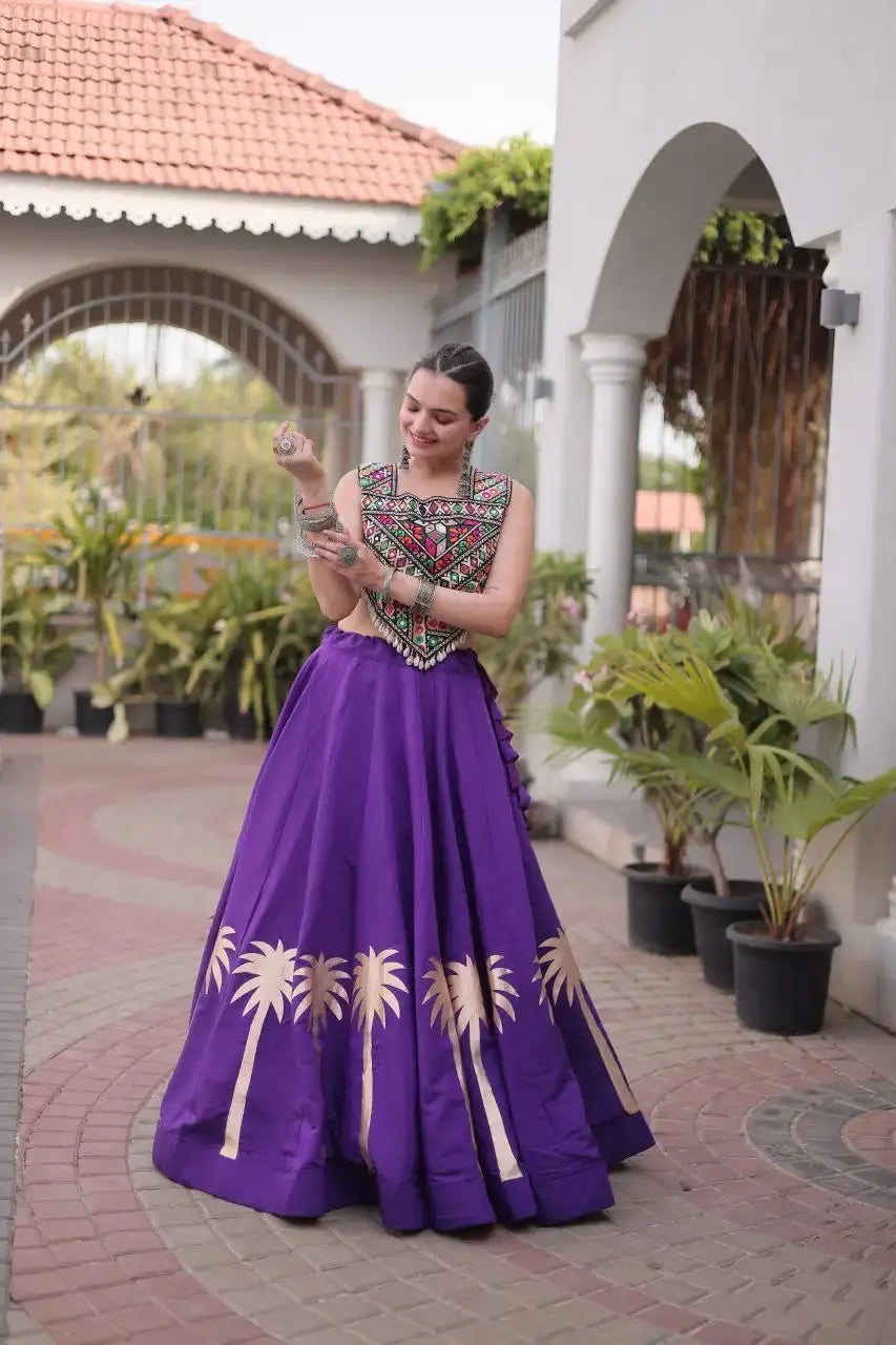Purple Gamthi Embroidered Lehenga – Side view showing 6-meter flair and embroidered choli detail