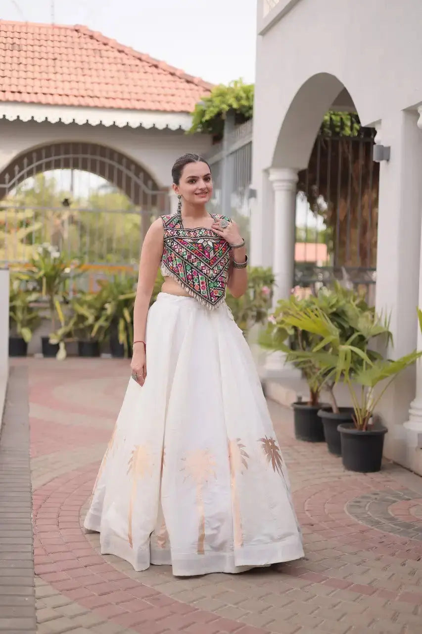 White Lehenga three quarter view – multicolour Gamthi embroidered choli, festive garba wear