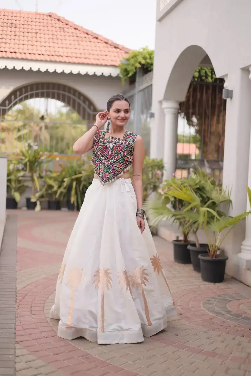White Gamthi Embroidered Lehenga full front – multicolour Gamthi choli with gota and lace work
