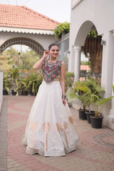 White Gamthi Embroidered Lehenga full front – multicolour Gamthi choli with gota and lace work