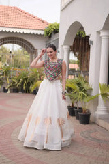 White Lehenga full front looking down – Roman fabric skirt with copper palm tree hem print