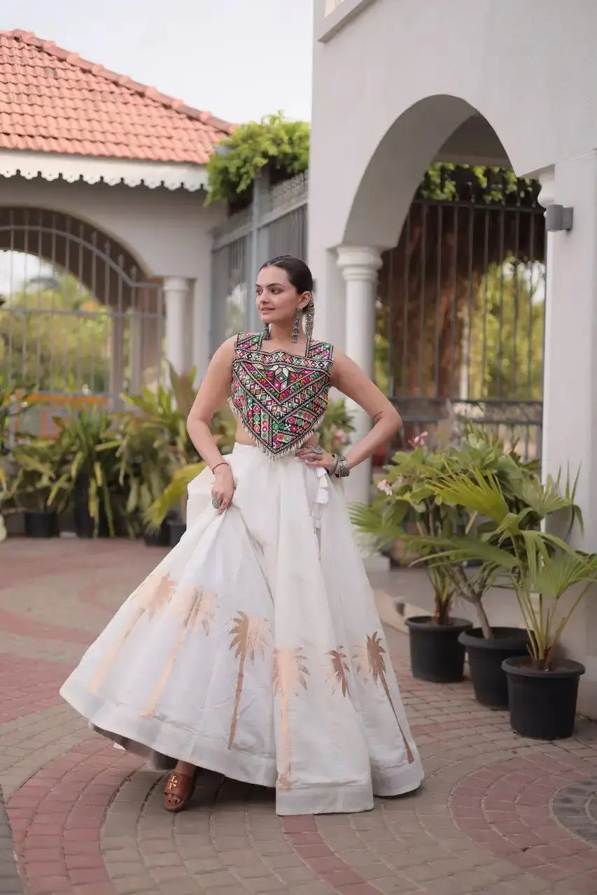 White Gamthi Embroidered Lehenga side view – 6 meter circular skirt, copper palm hem print