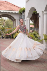 White Roman fabric Lehenga spinning – copper palm print border, Gamthi embroidered choli, garba and Navratri