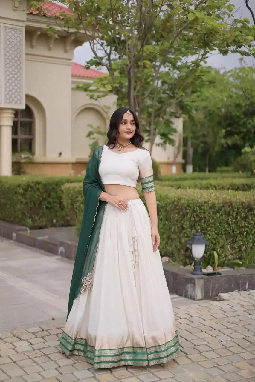 Green Zari Weaving Lehenga three quarter view – Viscose Jacquard skirt, green zari temple border, sangeet wear