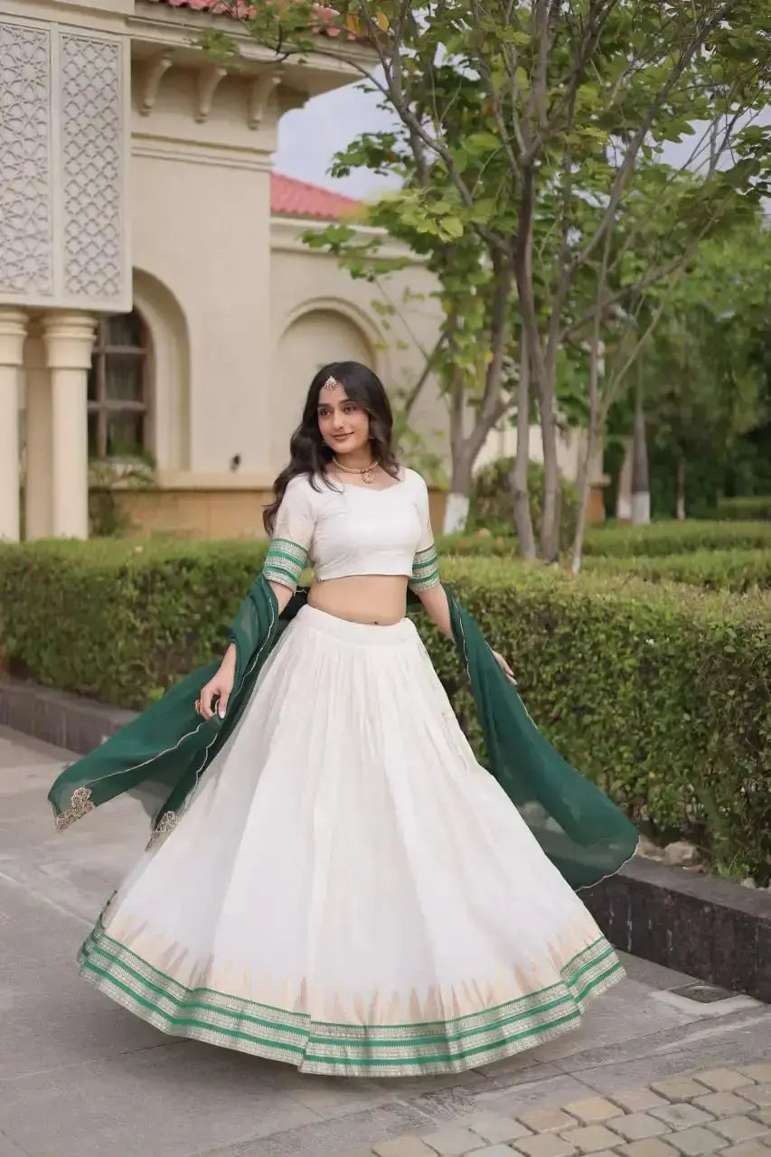 Green Zari Weaving Lehenga Viscose Jacquard – green dupatta with scalloped edge, zari border skirt detail