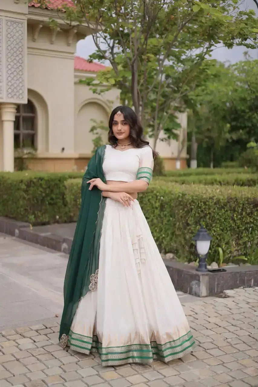 Green Zari Weaving Lehenga smiling front – green dupatta with embroidered corners, zari band sleeve cuff