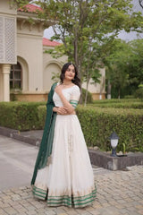 Green Zari Weaving Lehenga with green dupatta – white cream skirt with multi-band zari border, wedding wear