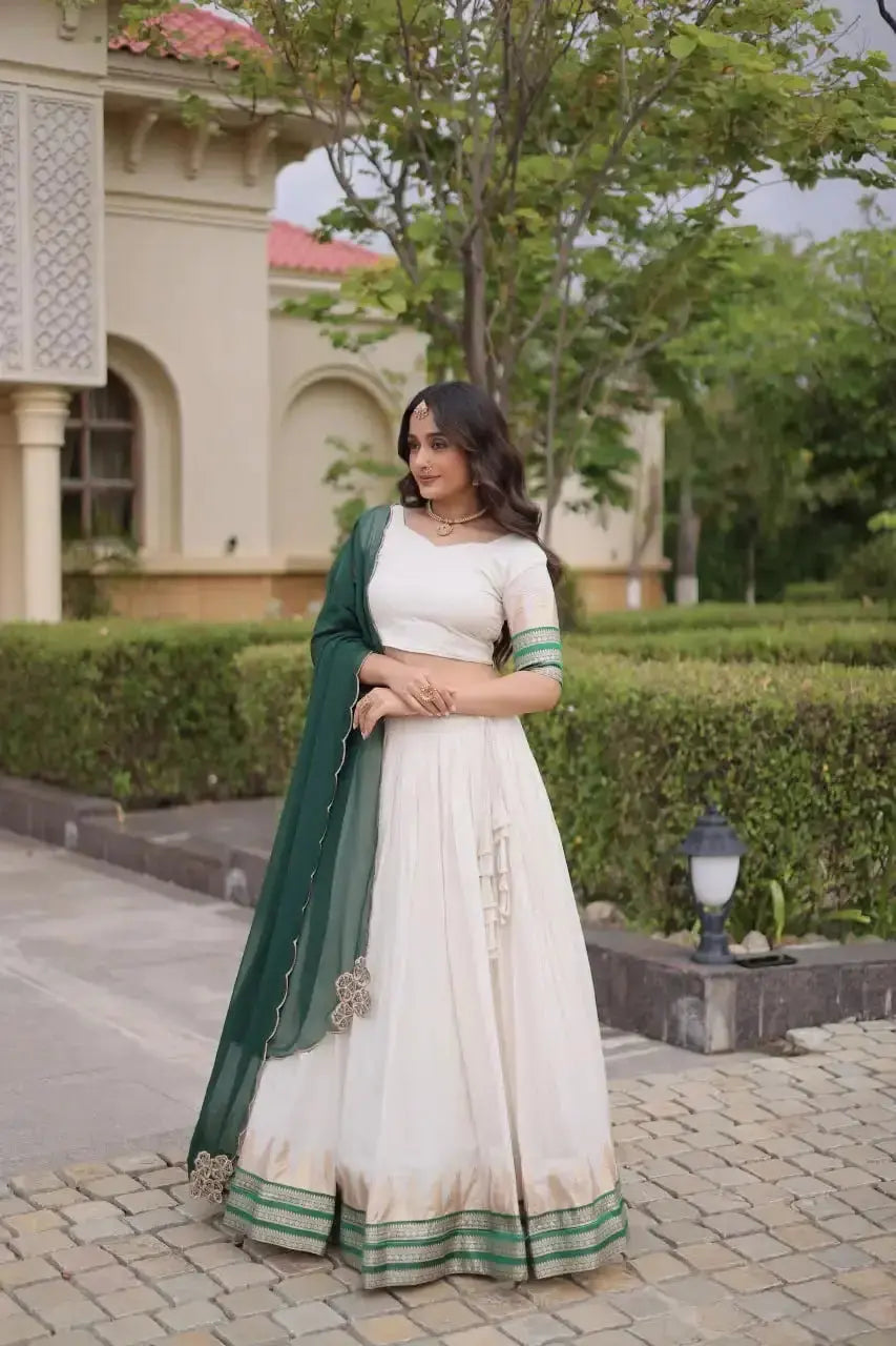 Green Zari Weaving Lehenga side view – green dupatta draped over shoulder, Viscose Jacquard fabric