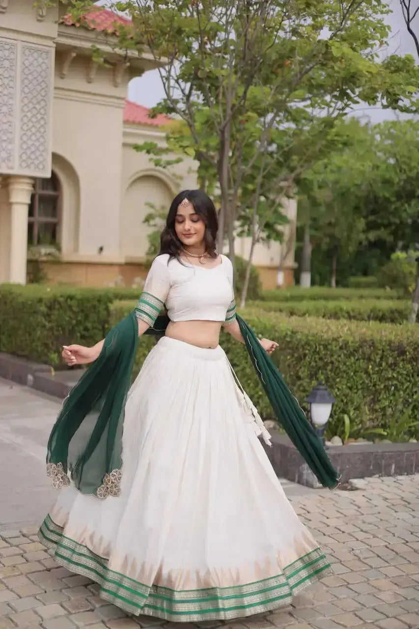Green Zari Lehenga dupatta twirl both sides – white skirt with green zari hem, sangeet and reception wear