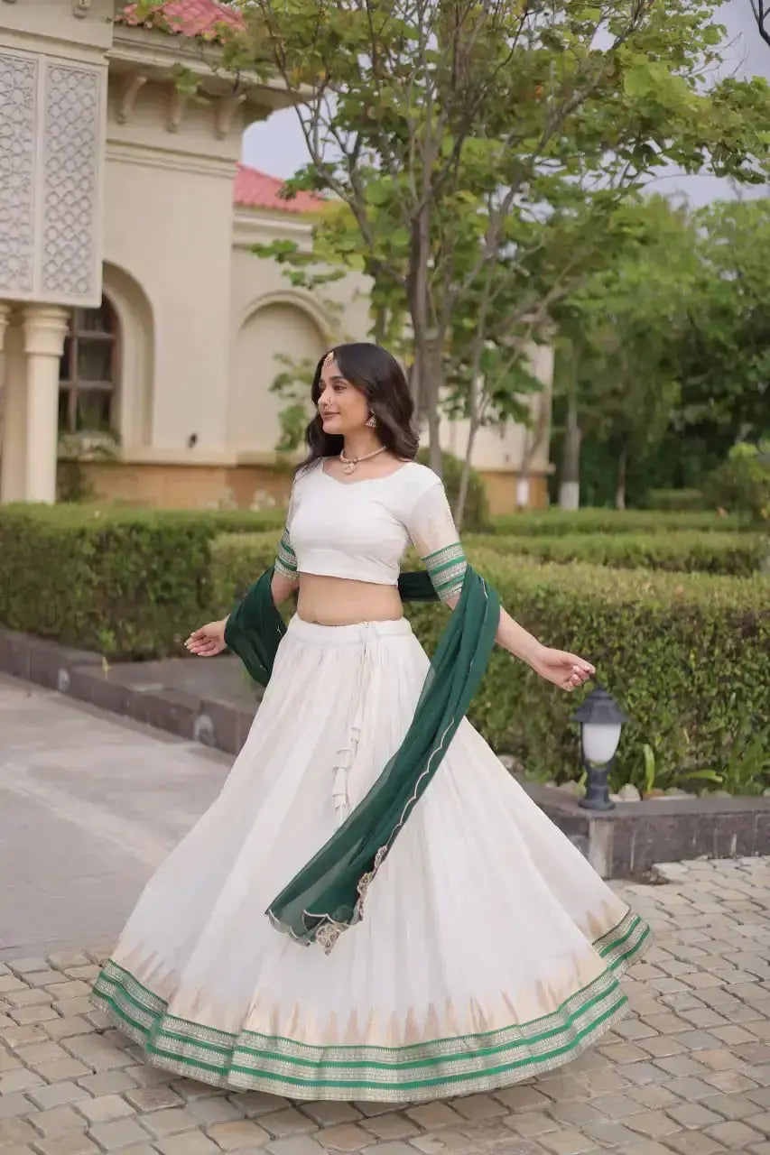 Green Zari Weaving Lehenga twirl – green dupatta flying, 4 meter circular skirt showing zari border