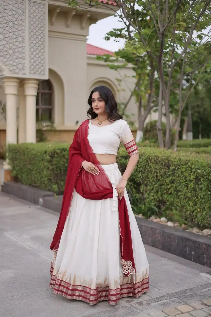 Maroon Zari Weaving Lehenga – Back view showing Open with Dori Tie-Up choli back and dupatta drape