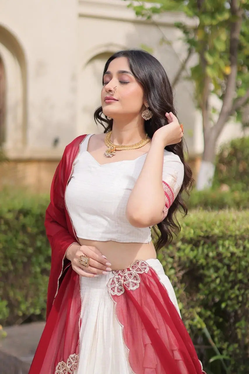 Maroon Zari Weaving Lehenga – Flat lay of complete lehenga, choli and dupatta set, product code KL149 Kalyanja
