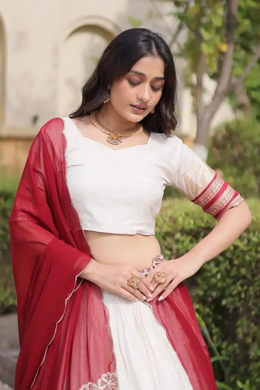 Maroon Zari Weaving Lehenga – Front drape view showing Viscose Jacquard skirt with gold zari border and half-sleeve choli