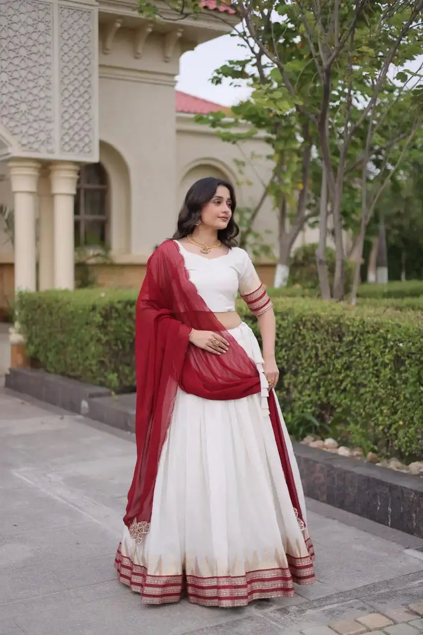 Maroon Zari Weaving Lehenga – Full-length model view, Viscose Jacquard lehenga for sangeet and wedding wear