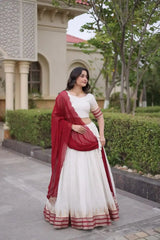 Maroon Zari Weaving Lehenga – Full-length model view, Viscose Jacquard lehenga for sangeet and wedding wear