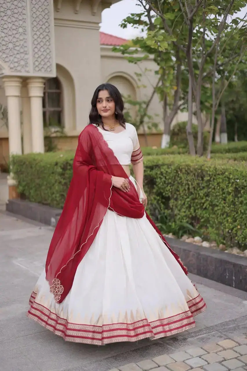 Maroon Zari Weaving Lehenga – Festive lehenga set with matching choli and dupatta, ideal for mehendi and reception