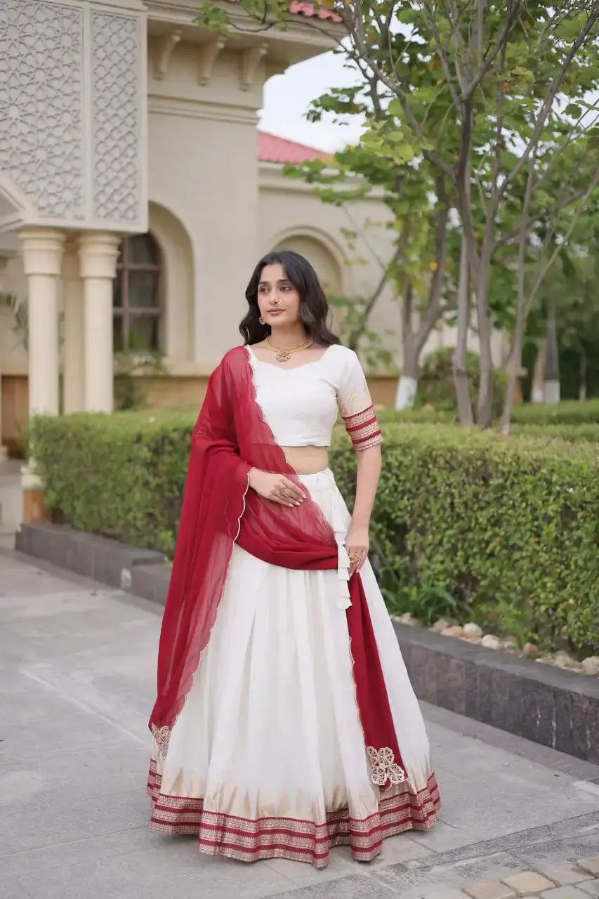 Maroon Zari Weaving Lehenga – Side view showing 4-meter flair and coordinating dupatta with embroidered corner panels