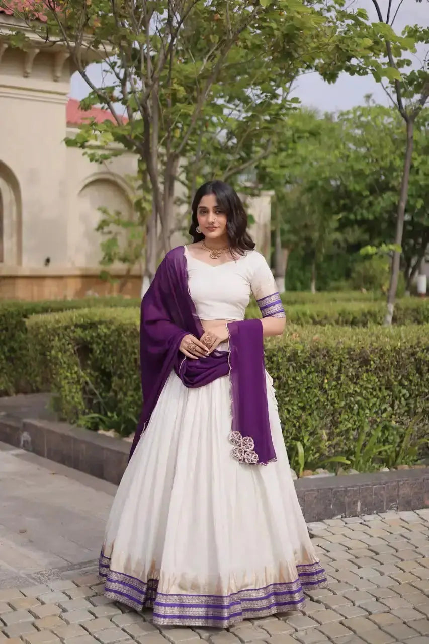 Purple Zari Weaving Lehenga – Back view showing Open with Dori Tie-Up choli back and dupatta drape