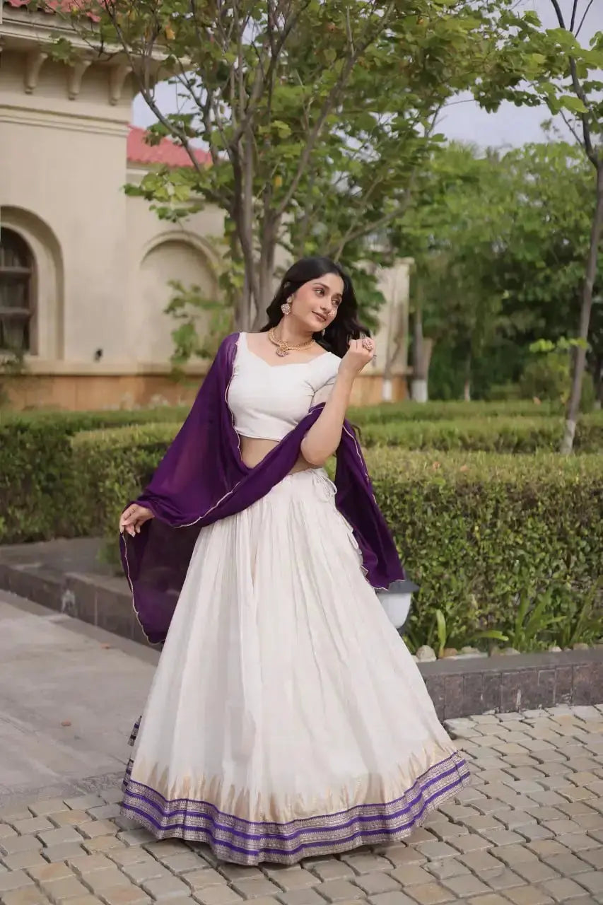 Purple Zari Weaving Lehenga – Choli close-up showing Square Neck, half sleeves with gold zari cuff detail