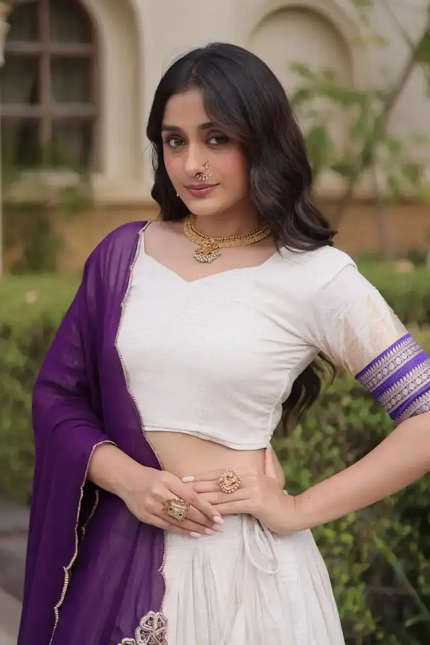 Purple Zari Weaving Lehenga – Flat lay of complete lehenga, choli and dupatta set, KL149 Kalyanja