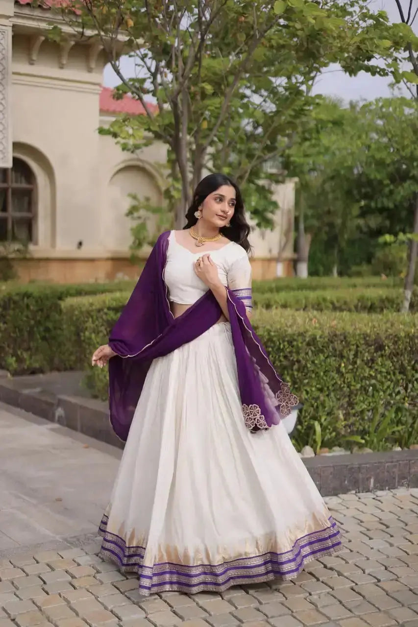 Purple Zari Weaving Lehenga – Full-length model view, Viscose Jacquard lehenga for sangeet and wedding wear