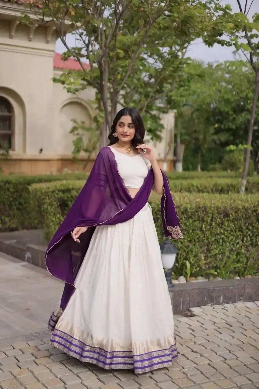 Purple Zari Weaving Lehenga – Model shot showing deep purple Viscose Jacquard skirt with woven gold zari border