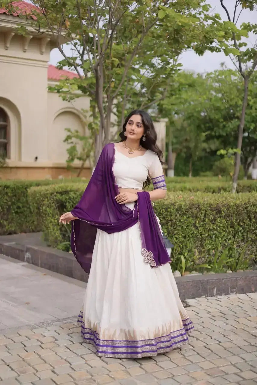 Purple Zari Weaving Lehenga – Festive lehenga set with matching choli and dupatta, ideal for reception and sangeet