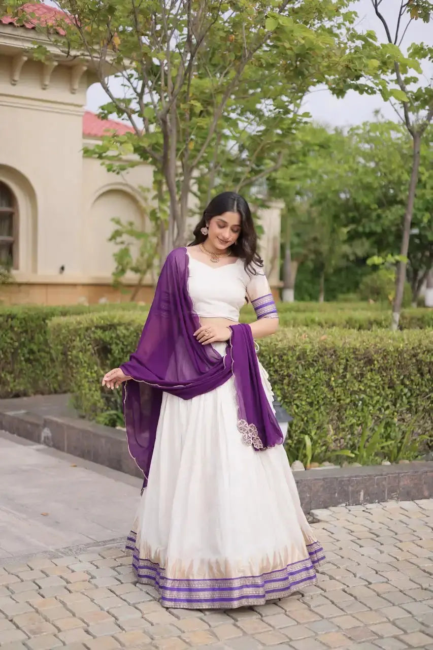 Purple Zari Weaving Lehenga – Canvas stitch circular lehenga, 42-inch length, 1.9 kg full set