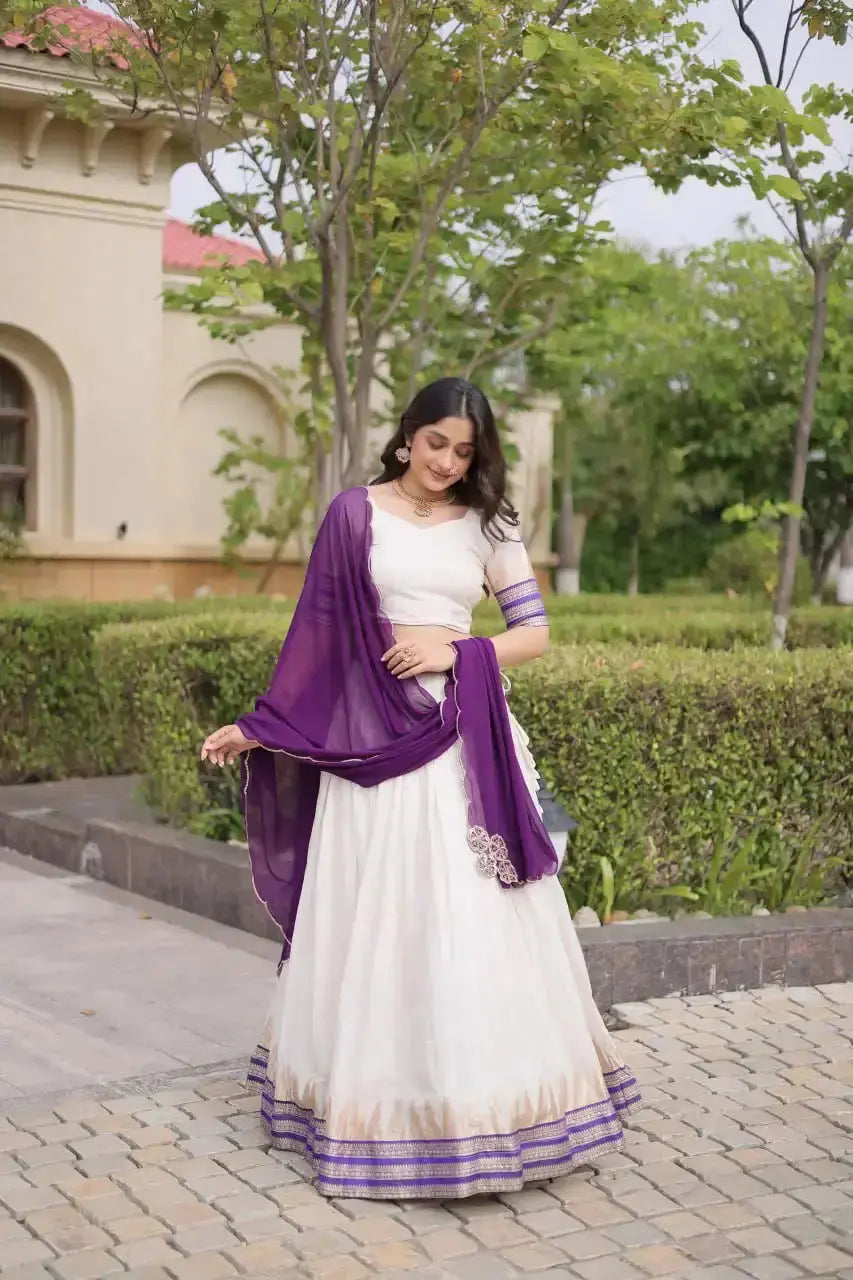 Purple Zari Weaving Lehenga – Canvas stitch circular lehenga, 42-inch length, 1.9 kg full set